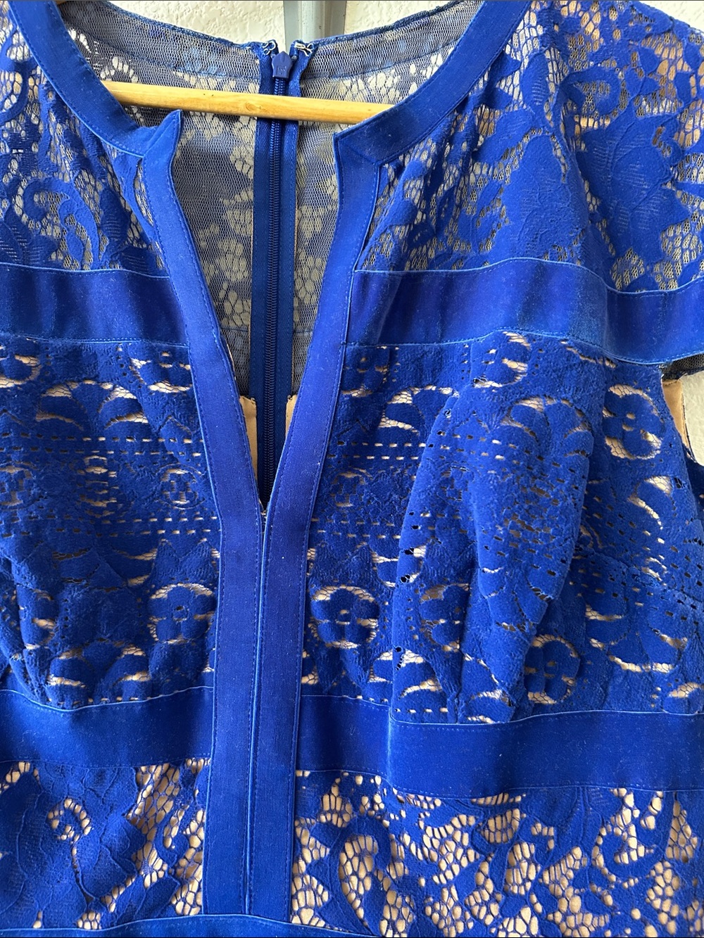 Tadashi Shoji Royal Blue Velvet Lace Overlay Midi Dress size 12 - Picture 2 of 7